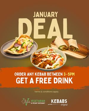 Order any kebab between 3–5pm this January and enjoy a free drink on us! at V Shack in Derby