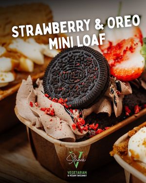 Our vegan Strawberry & Oreo Mini Loaf adds a sweet, chocolatey twist. Perfect if you’re after something sweet to round things off or take home for later. at V Shack in Derby