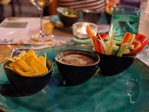 Eggplant cream with tortilla chips and vegetables at Yes It Is Vegan II - Liszt Ferenc Tér in Budapest