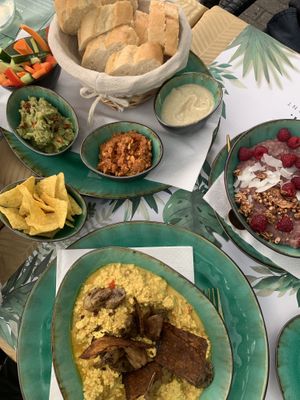 Breakfast with tofu omelette, various dips with bread and vegetable  at Yes It Is Vegan II - Liszt Ferenc Tér in Budapest