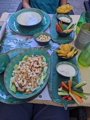 Garlic soup, Caesar salad, and appetizers at Yes It Is Vegan II - Liszt Ferenc Tér in Budapest