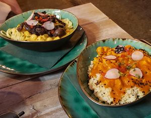 Mushrooms with spaghetti, paprikash with couscous at Yes It Is Vegan II - Liszt Ferenc Tér in Budapest