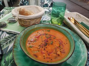 Small portion beans goulash soup at Yes It Is Vegan II - Liszt Ferenc Tér in Budapest