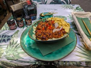 Chili Sin Carne with Bow Pasta (plus Hungarian Chili sauces) at Yes It Is Vegan II - Liszt Ferenc Tér in Budapest