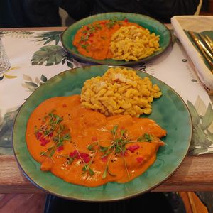 Hungarian "chicken" paprikás with nokedli at Yes It Is Vegan II - Liszt Ferenc Tér in Budapest