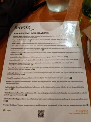Menu at Savor in San Francisco