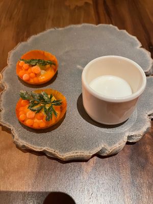 Carrot tartlet | Pine nut milk at Encanto in Lisbon