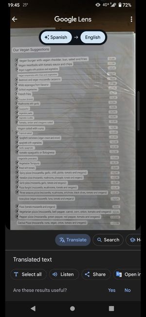 Translated menu at Es Cactus in Menorca