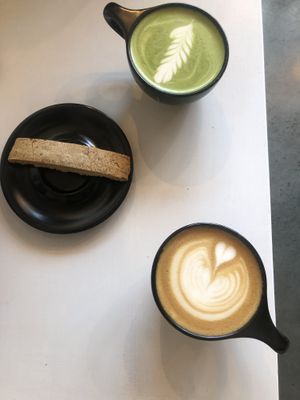 Latte, matcha latte, and biscotti   at Daylily Coffee Shop in Portland