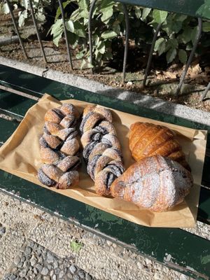 breaded chocolate breads 1.9€ chocolate croissant 1.8€ and nature croissant 1.3€  at La Revuelta in Granada