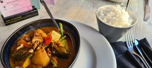Massaman Tofu and vegetable curry with Jasmine balsamic rice at Royal Outpost in Carlisle