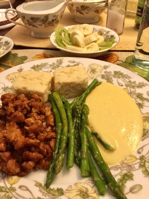 BBQ soy curls, cornbread, asparagus, cashew cheese sauce at The Cherokee Rose Inn in Portland