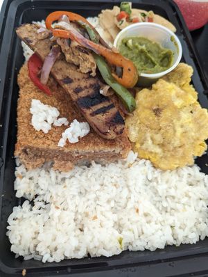 The vegan paella, highlight was the steak at OSJ International in Lakewood