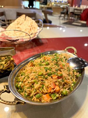Veg Biryani in vegan version (without cheese): rice, carrot, green peas, cauliflower, greens, soy sauce at Indian Mehak Restaurant & Bar in Yerevan