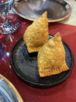 Vegan samosas with potato, beans and greens at Indian Mehak Restaurant & Bar in Yerevan