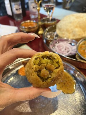 Yummy vegan samosa with potato, beans and greens at Indian Mehak Restaurant & Bar in Yerevan