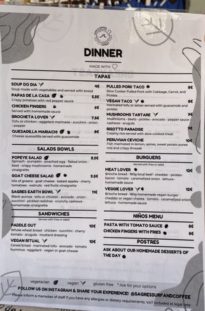 Menu   at Sagres Surf & Coffee in Sagres