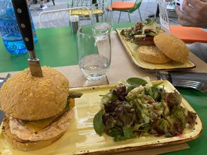 Napoles burger with a salad instead of fries (small misunderstanding but the airfried fries came later).  at Athens Vegan Burgers in Athens
