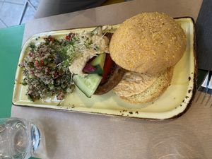 1001 Nights burger with a salad instead of fries (small misunderstanding but the airfried fries came later).  at Athens Vegan Burgers in Athens