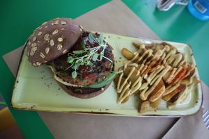 Delicious Indian inspired vegan kofta burger with curry Mayo   at Athens Vegan Burgers in Athens