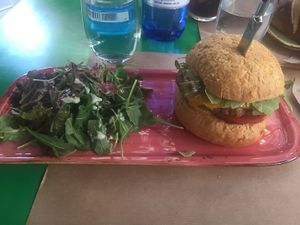 nopales burger with salad at Athens Vegan Burgers in Athens