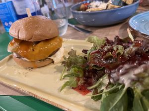 Gluten-free burger with salad  at Athens Vegan Burgers in Athens