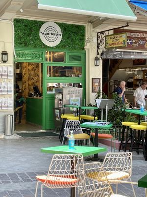 Located on a green and vibrant square  at Athens Vegan Burgers in Athens