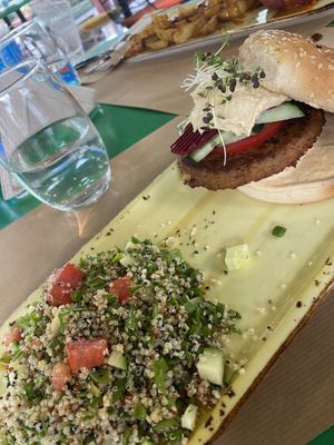 Falafel burger with hummus and quinoa salad  at Athens Vegan Burgers in Athens