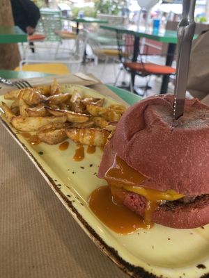 Beyond burger and potato wedges  at Athens Vegan Burgers in Athens