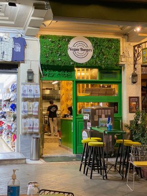 Outside the restaurant at Athens Vegan Burgers in Athens