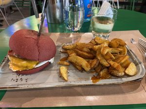 Texas Burger and cold old chips at Athens Vegan Burgers in Athens