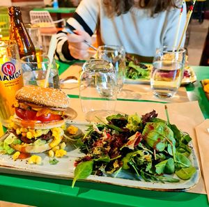 Mac n cheese burger at Athens Vegan Burgers in Athens