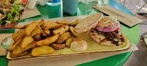 Gyro burger w fries at Athens Vegan Burgers in Athens