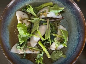 Tapioca dumplings: Caramelized mushroom, nam jim, preserved chili at Folke in Vancouver