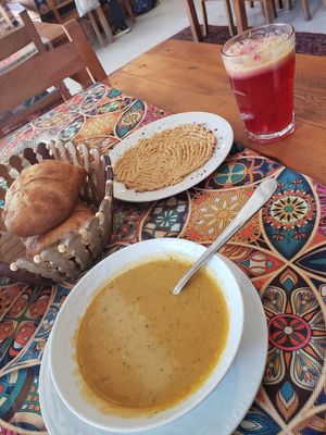 Lentil soup,  hummus,  pomegranate juice at Cafe Şafak in Nevsehir