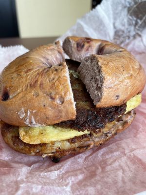 Impossible morning breakfast sandwich on blueberry bagel   at NC Bagel Cafe' & Deli in Morrisville