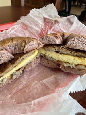 Impossible morning breakfast sandwich on blueberry bagel   at NC Bagel Cafe' & Deli in Morrisville