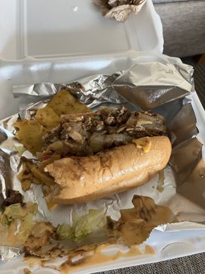 This cheesesteak was spilling all over the place. Good bread and meat for cheesesteak though and tasted a lot like the real thing.   at Mr. Veg'n in Houston