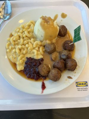 Plant balls (Mac and cheese substituted for peas)  at IKEA Restaurant in Brooklyn