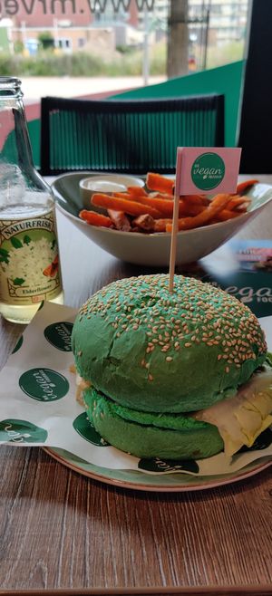 Future burger, sweet potato fries, elderflower soda at Mr. Vegan Foodbar in Apeldoorn