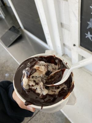 Vegan Oreo + cookie dough + hot fudge  at Erikson's Ice Cream in Maynard