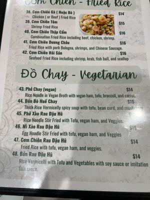 veg section of menu at Pho Haven in Orlando