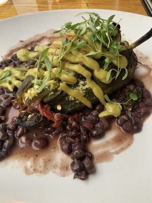 Chili Rellenos (with tofu ricotta, spiced black beans, ranchero salsa, avocado mousse and garlicky greens)  at Union Kitchen & Tap in San Diego