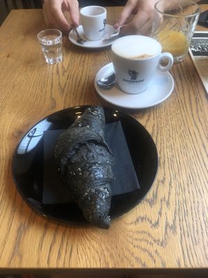 Vegan Croissant and Cappuccino with soy milk   at Loft Cafe in Biella