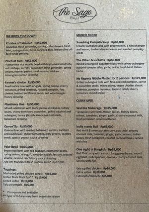 Menu card  at The Sage Bali in Pemuteran