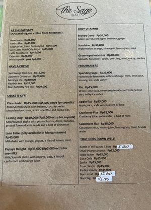 Menu card  at The Sage Bali in Pemuteran