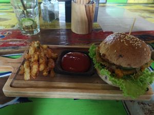 Too good to be true burger with fries at The Sage Bali in Pemuteran