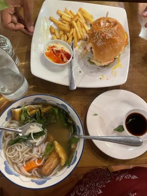 Pho and burger  at Ken Vegetarian and Coffee in Hoi An