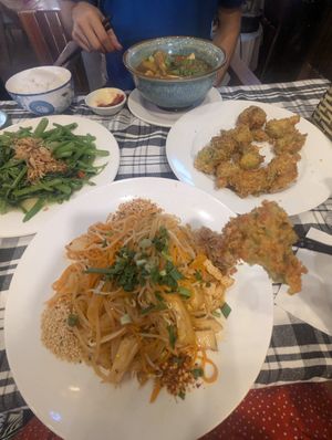 Pad Thai, chickpea curry, morning glory, tempura broccoli at Ken Vegetarian and Coffee in Hoi An