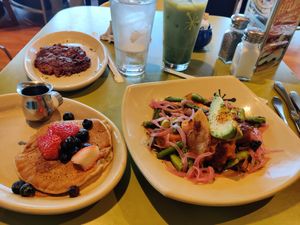 Soyrizo, vegan pancake, and sweet potato/avocado dish at Snooze - Heights in Houston